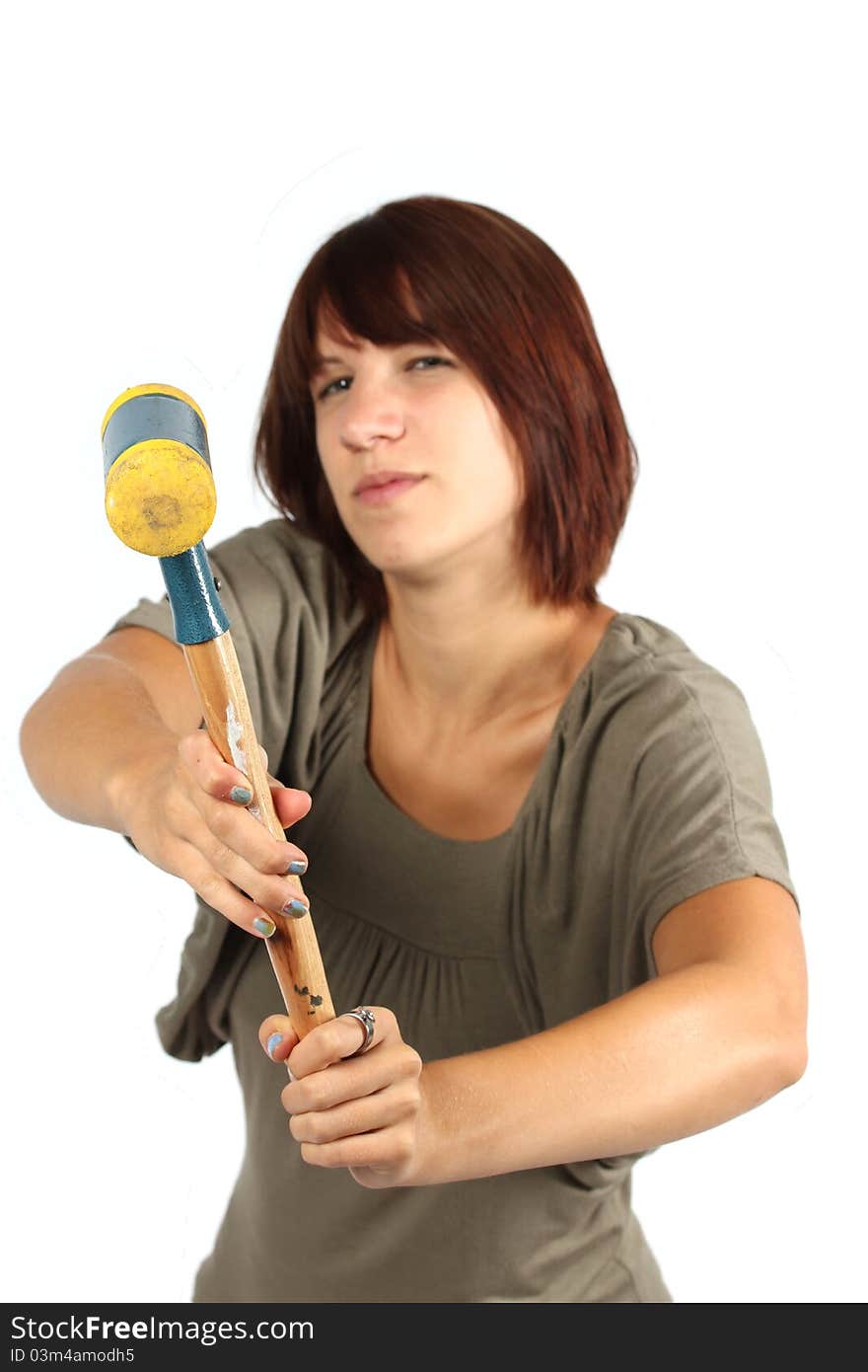 Girl with a yellow hammer. Girl with a yellow hammer