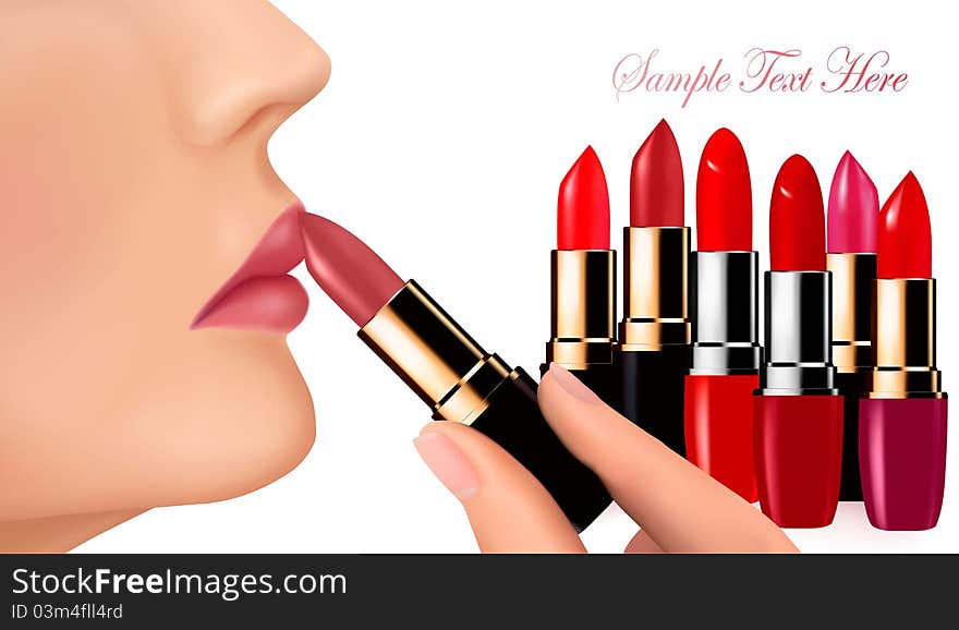 Lipsticks and happy female lips over white. Vector illustration.