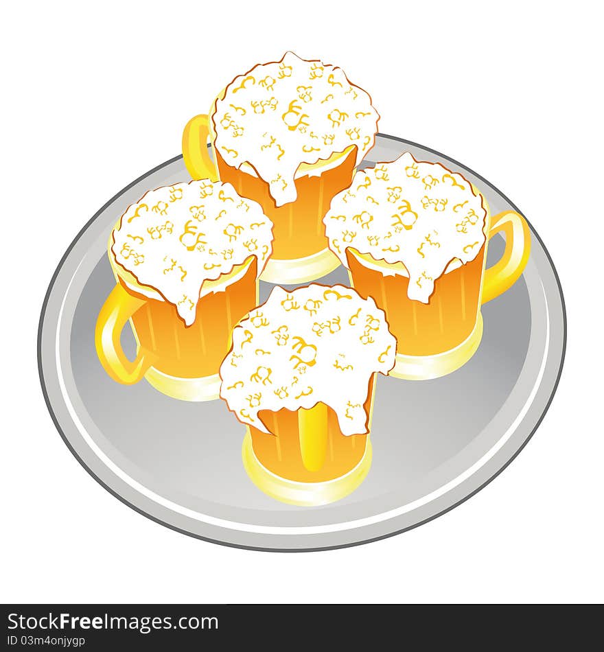 Light beer mug or goblet on silver tray. Detailed illustration.