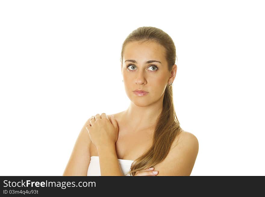 Close-up of attractive, modern young woman. Isolated on white background. Close-up of attractive, modern young woman. Isolated on white background