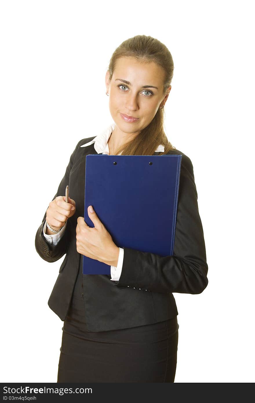 Close-up of contemporary business woman in suit with folder isolated on white background. Close-up of contemporary business woman in suit with folder isolated on white background