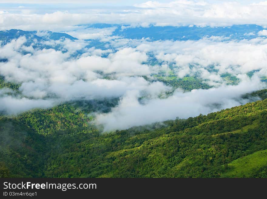 Mountain by green grass and cloudy blue sky