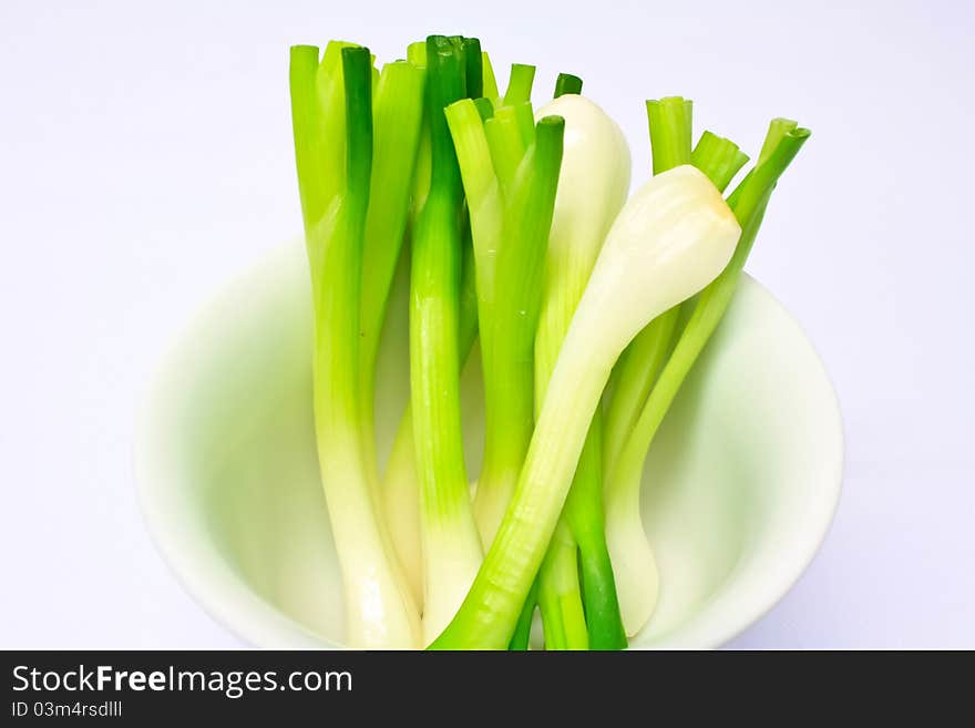 Bunch of spring onions on white background III