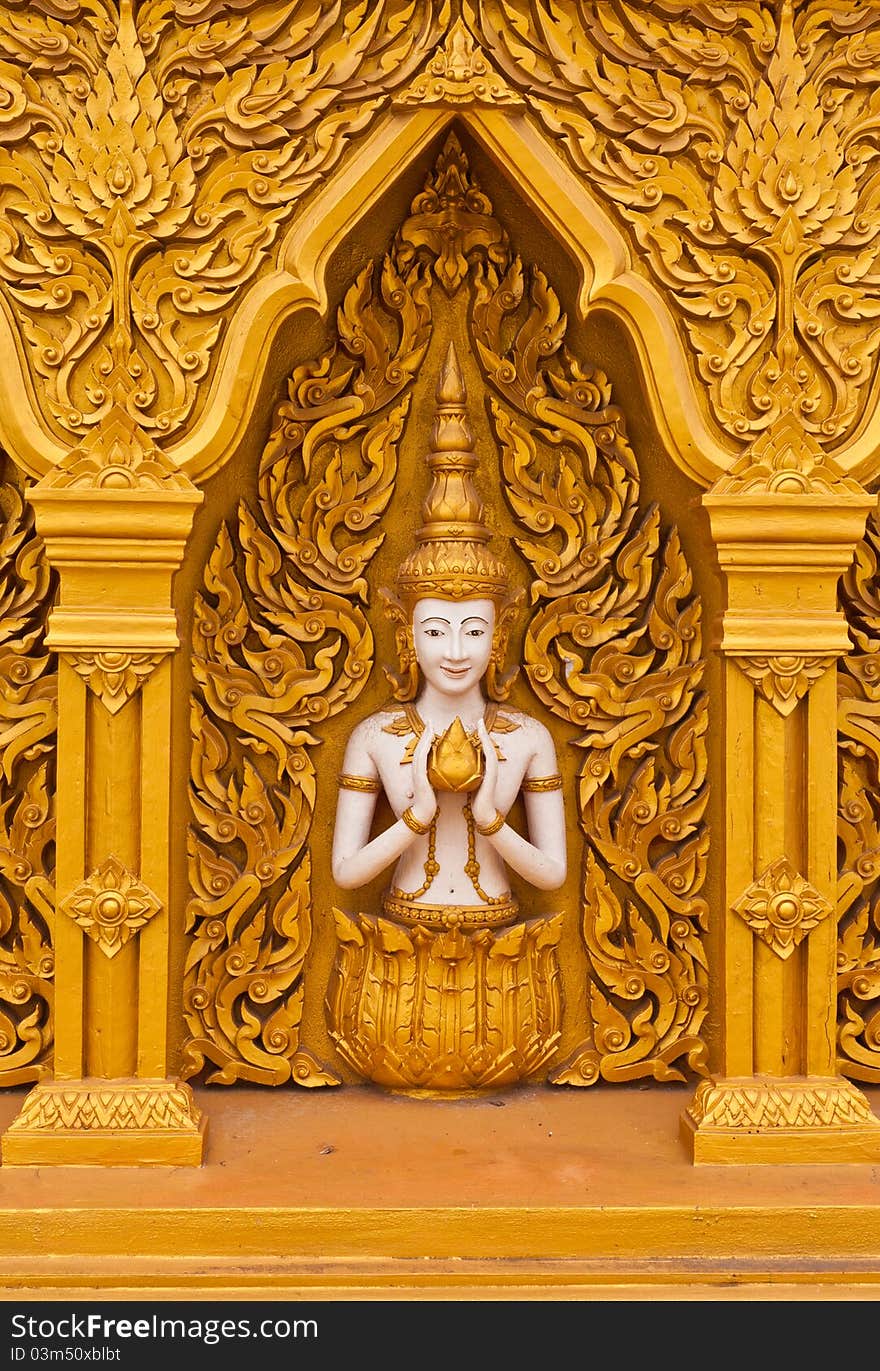 Angel decoration of buddhist temple overall from front