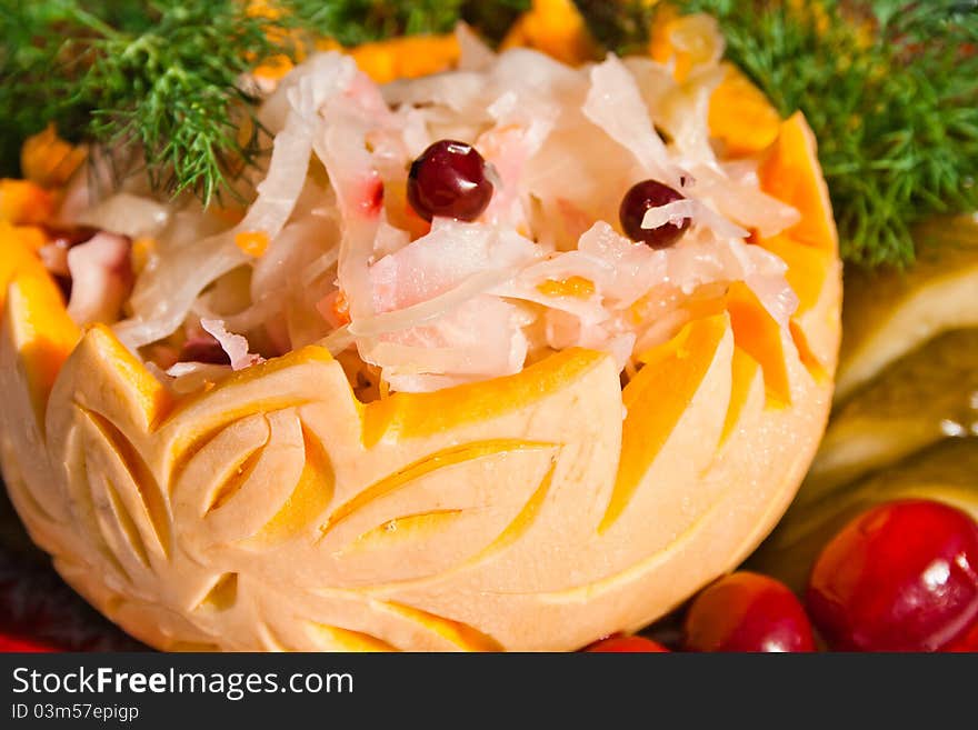 Sauerkraut With Cowberry In Art Pumpkin