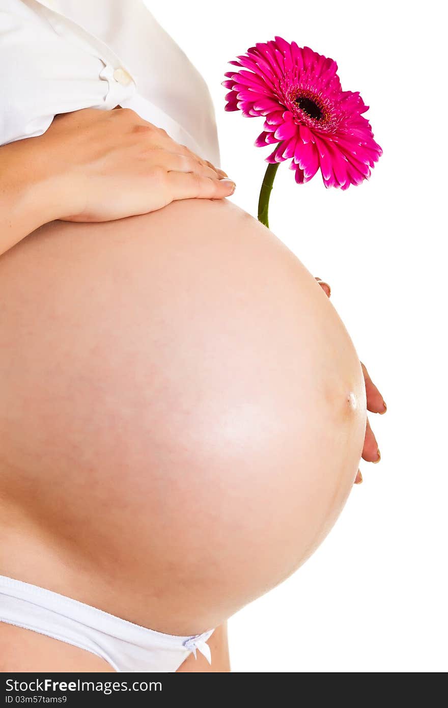 Pregnant woman holding gerbera flower isolated on white. Pregnant woman holding gerbera flower isolated on white