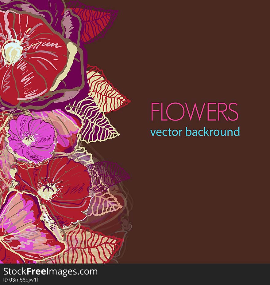 Abstract dark brown background with red flowers. Abstract dark brown background with red flowers