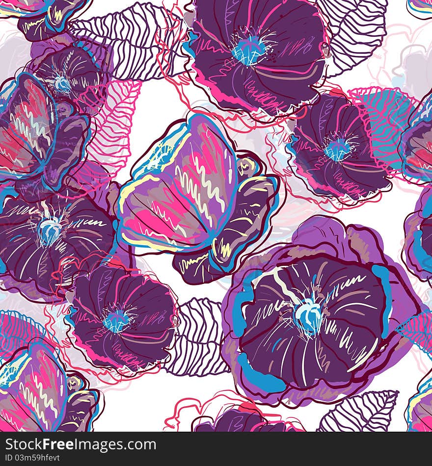 Abstract seamless texture with bright drawing flowers. Abstract seamless texture with bright drawing flowers