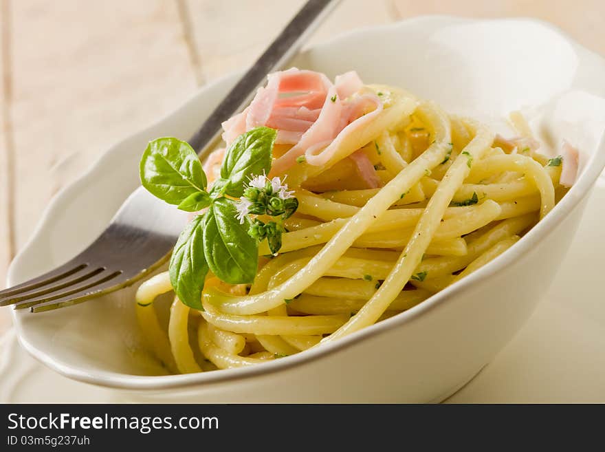 Photo of delicious pasta with sour cream and ham