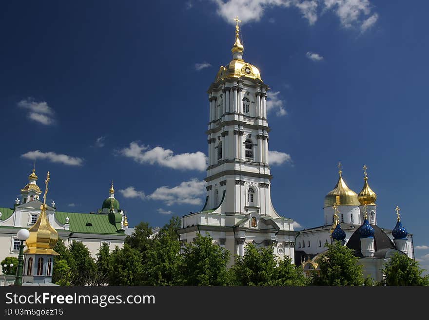 The church and bell tower in Holy Dormition Pochayiv Lavra