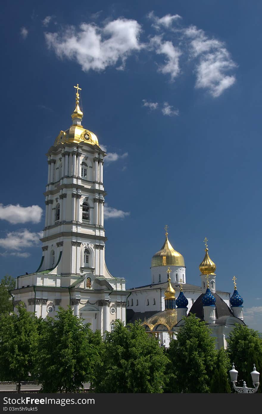 The church and bell tower in Holy Dormition Pochayiv Lavra