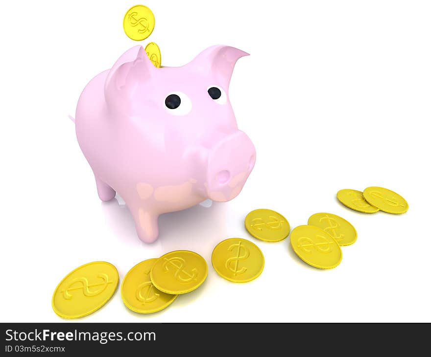 Isolated piggy bank with coins