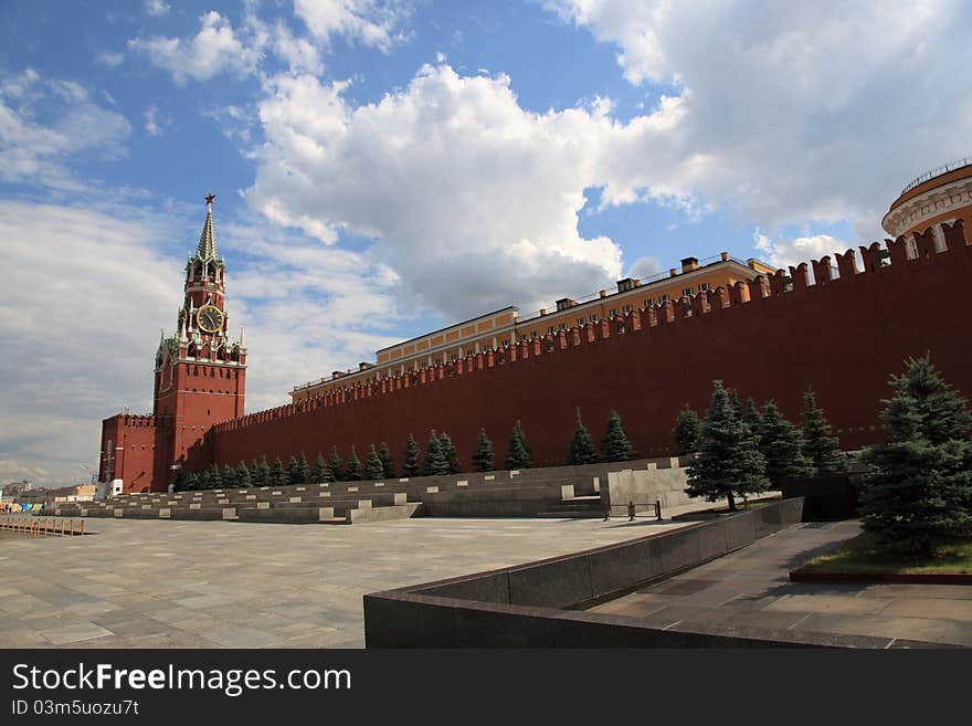 Lenin Mausoleum and Kremlin's tower at Red Square in Moscow, Russia