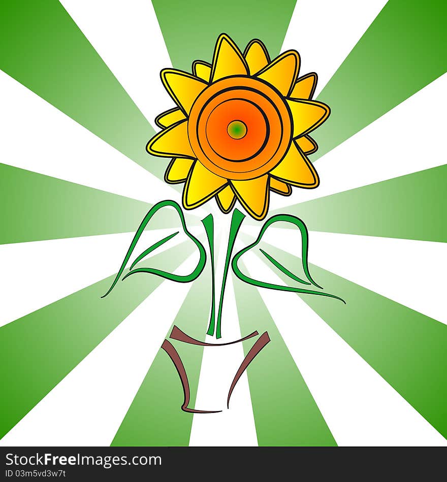 Illustration of yellow sunflower with green sunburst. Illustration of yellow sunflower with green sunburst