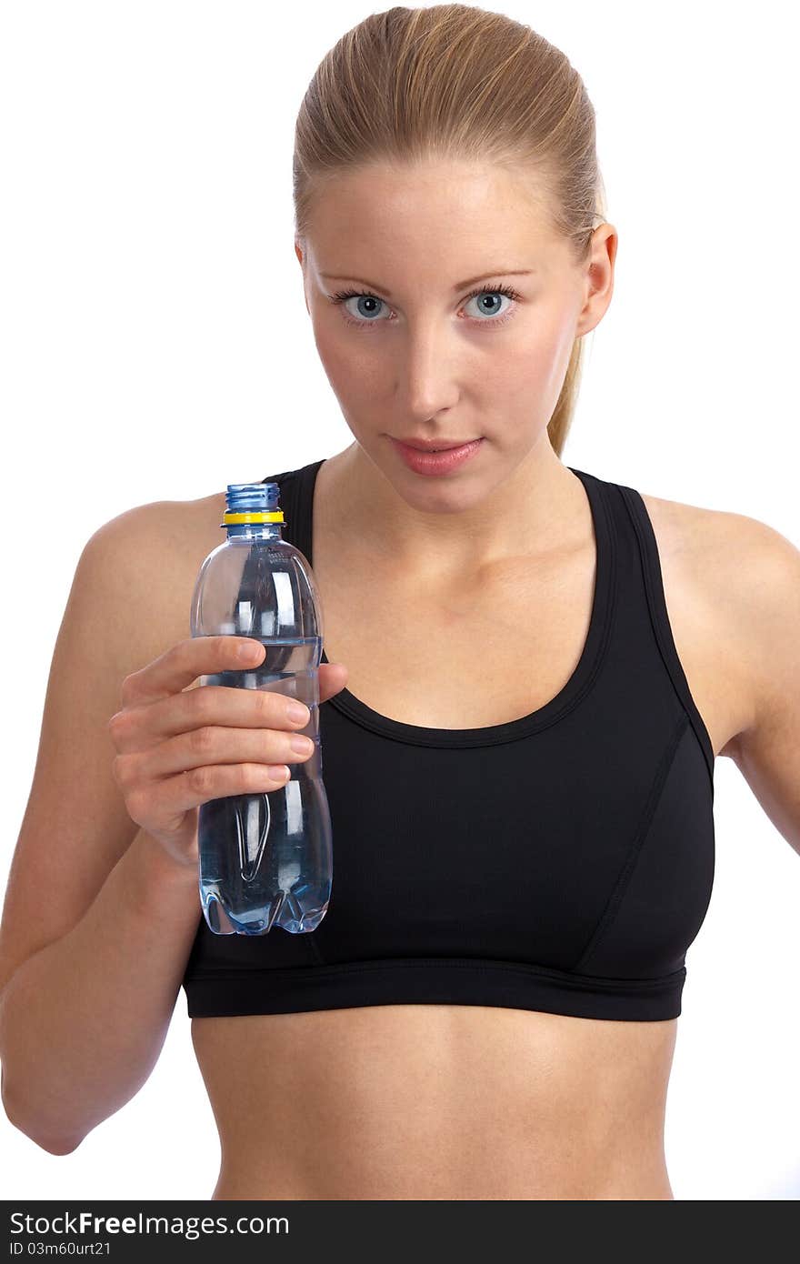 Closeup of young, fit, beautiful caucasian woman with black sport-bra drinking water. Closeup of young, fit, beautiful caucasian woman with black sport-bra drinking water