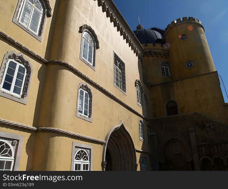 View of the beautiful of Pena palace in the national park of the Sintra hills in Portugal. View of the beautiful of Pena palace in the national park of the Sintra hills in Portugal