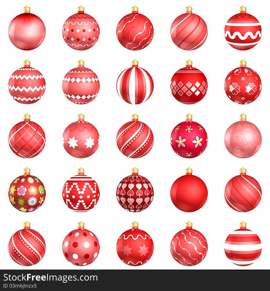 Red christmas baubles big back 25 on white background