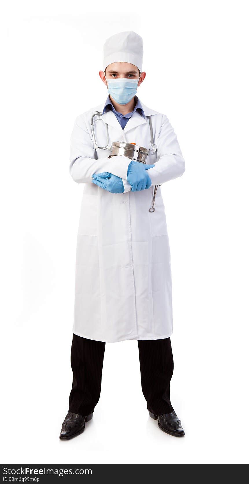 Portreit doctor in a mask in a white background