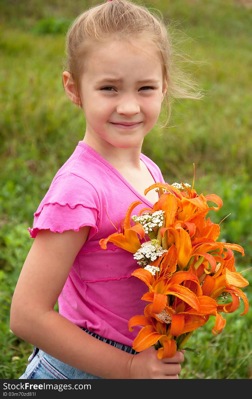 Girl with a bouquet of lilies