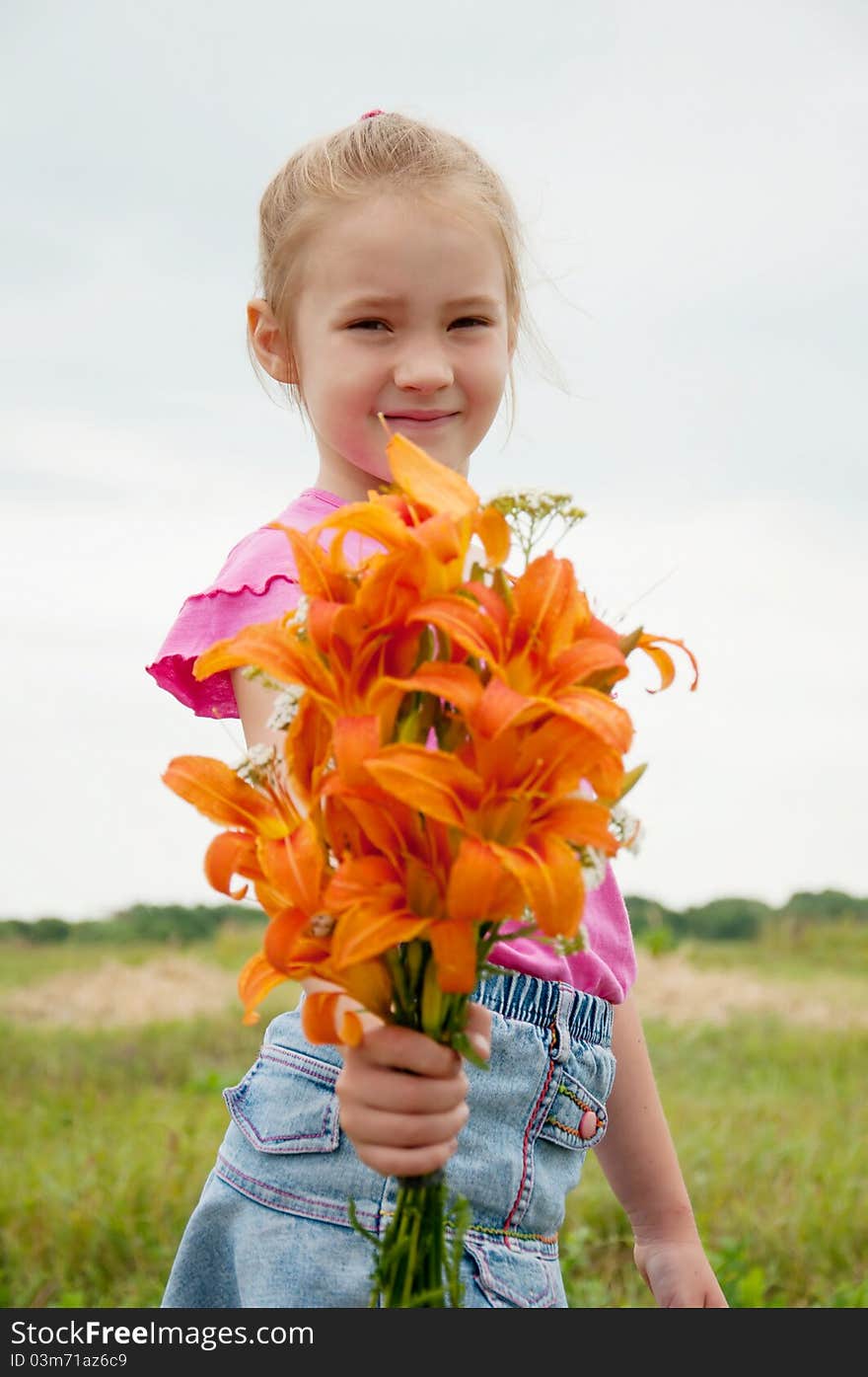 Girl with a bouquet of lilies