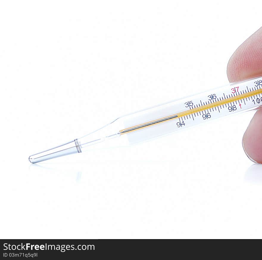 Close up of thermometer on white background