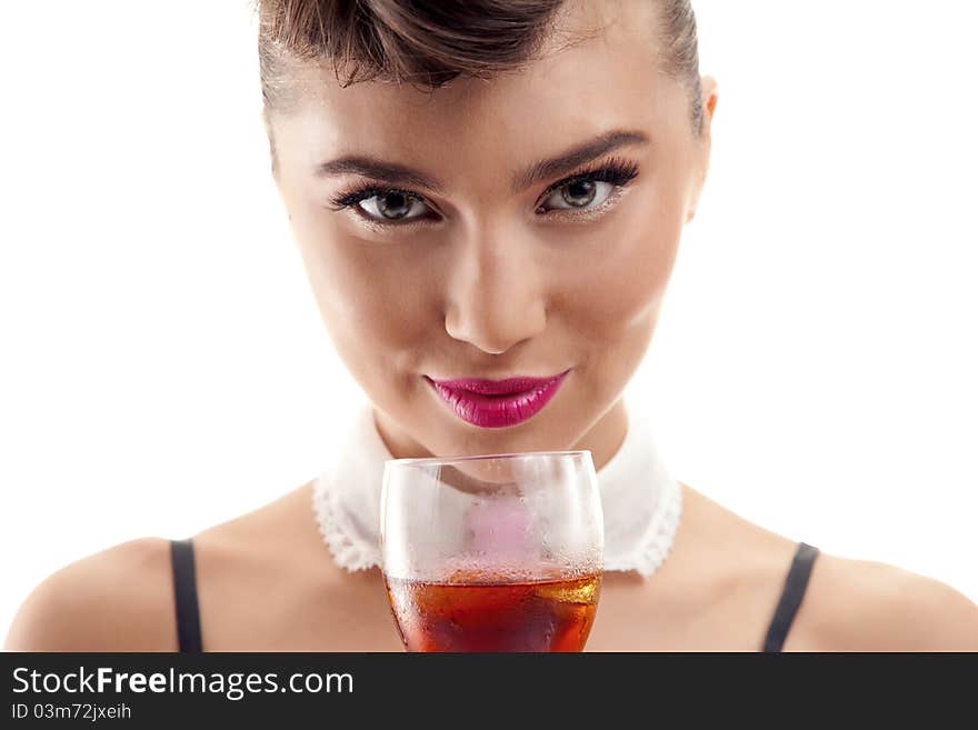 Beautiful Mixed race Woman with Evening make up holding a drink isolated on white baackground. Beautiful Mixed race Woman with Evening make up holding a drink isolated on white baackground