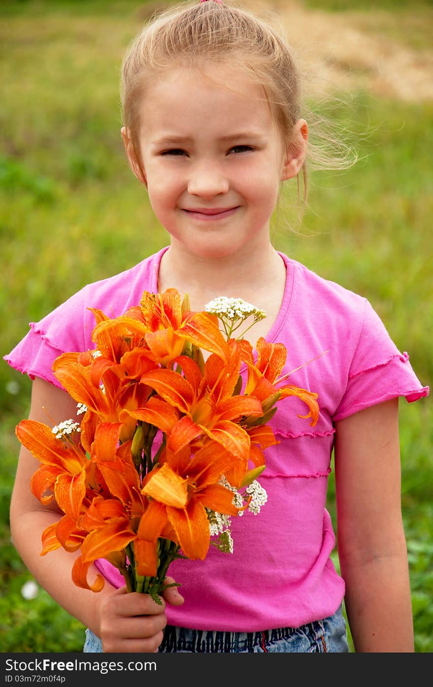 Girl With A Bouquet Of Lilies