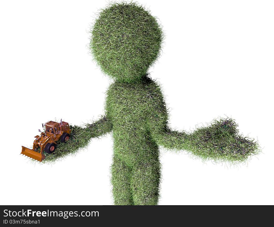 Grass man with buldozer toy