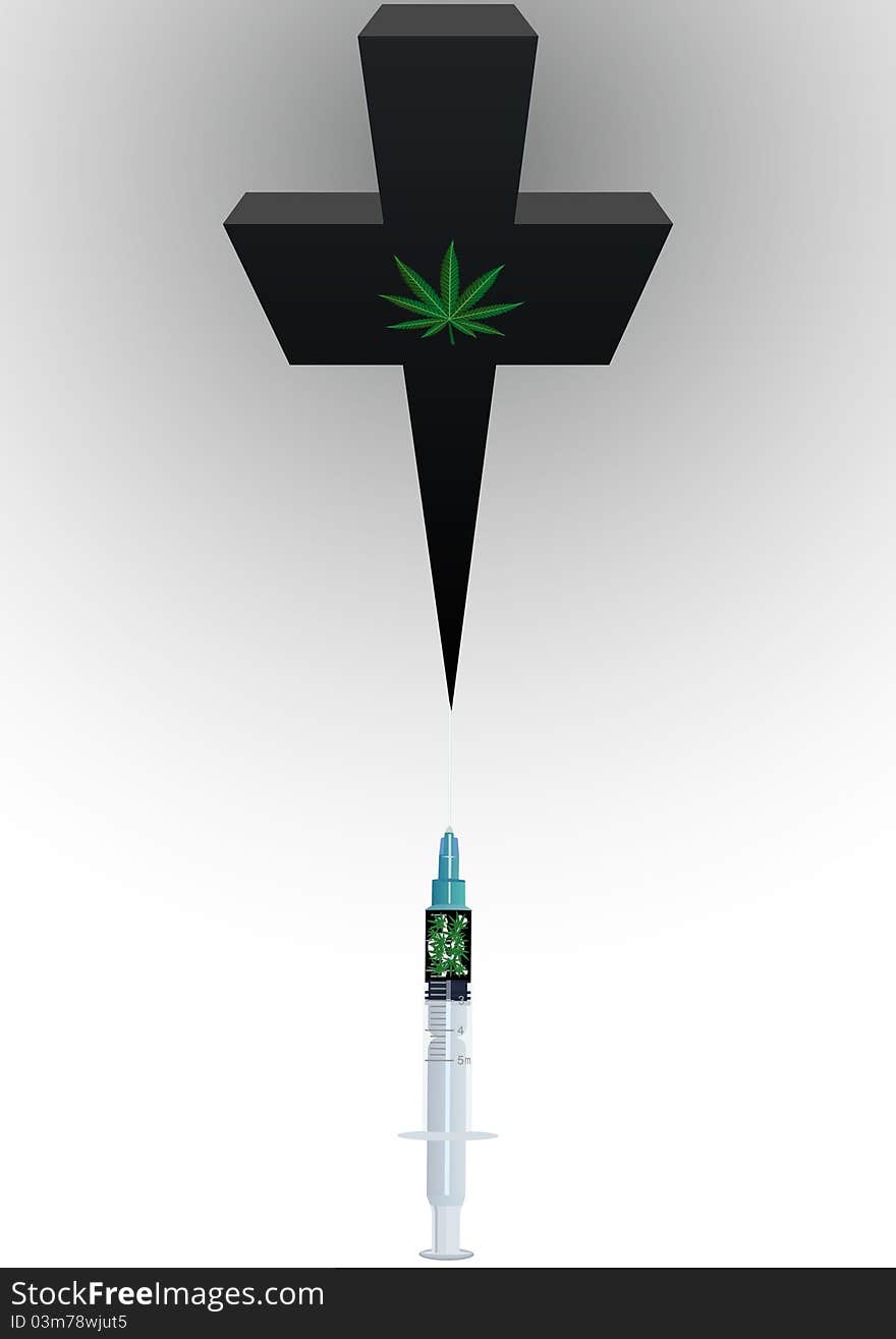 Medical syringe with drugs and grave cross with an image of the leaves of hemp. Medical syringe with drugs and grave cross with an image of the leaves of hemp