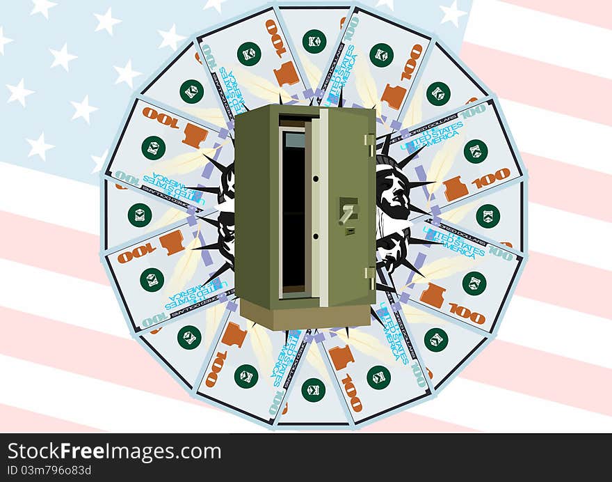 Safe-deposit box of money and bank notes on the background of the USA flag. Safe-deposit box of money and bank notes on the background of the USA flag