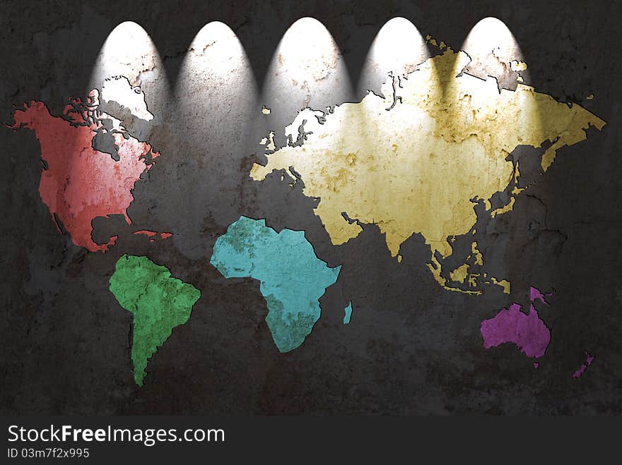 Colored world map with light on a grunge background