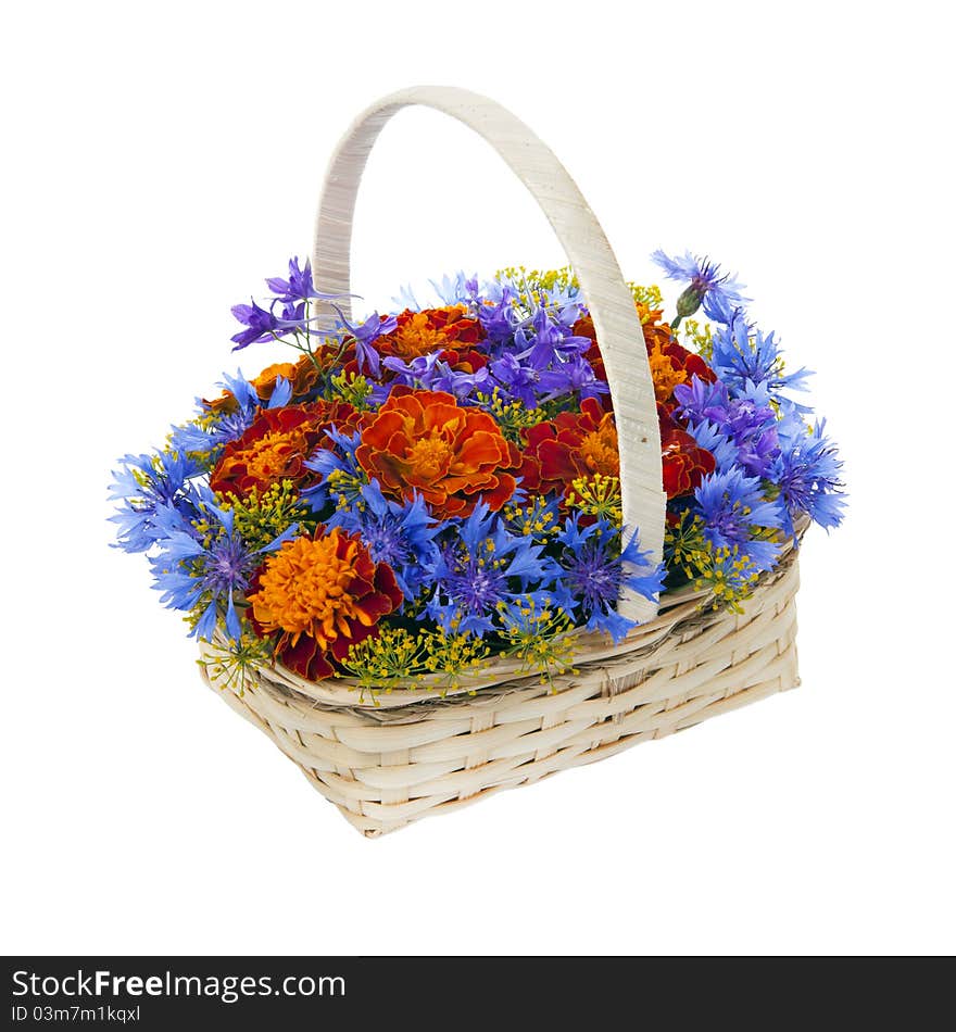 Bouquet of Flowers with dill in a basket isolated on a white background. Bouquet of Flowers with dill in a basket isolated on a white background.