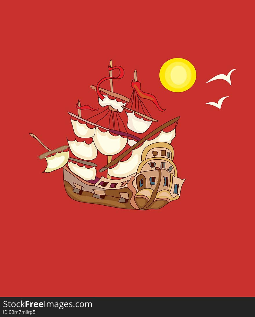 Old romantic ship with red background. Old romantic ship with red background