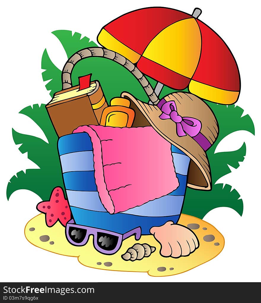 Cartoon beach bag with umbrella - illustration.