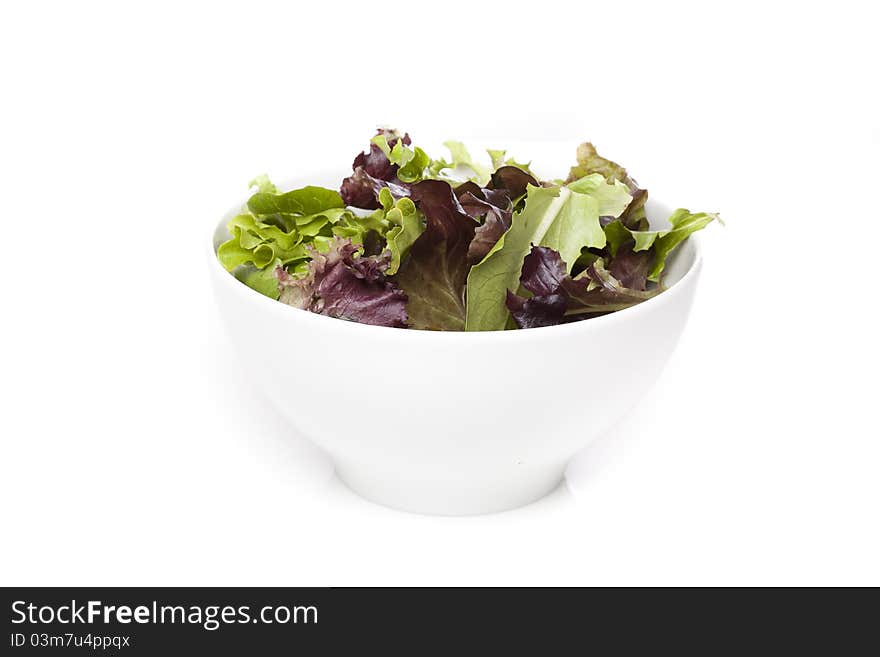 A fresh green salad against a white background