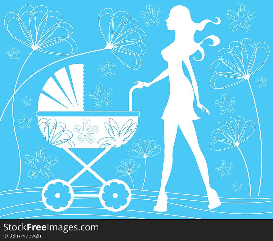 A illustration of a silhouette mom walking with baby carriage