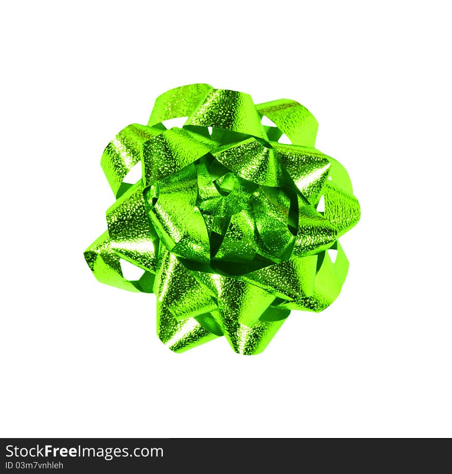 Green gift wrap bow isolated over a white background.