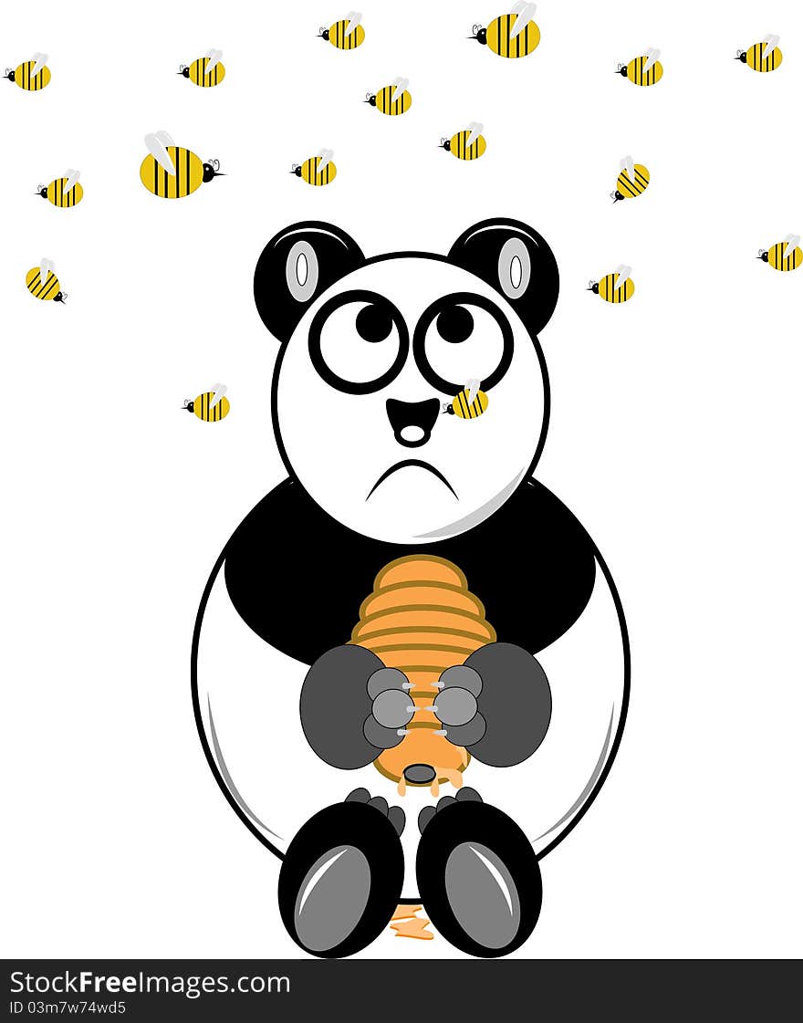 Panda bear eating honey with bees overhead