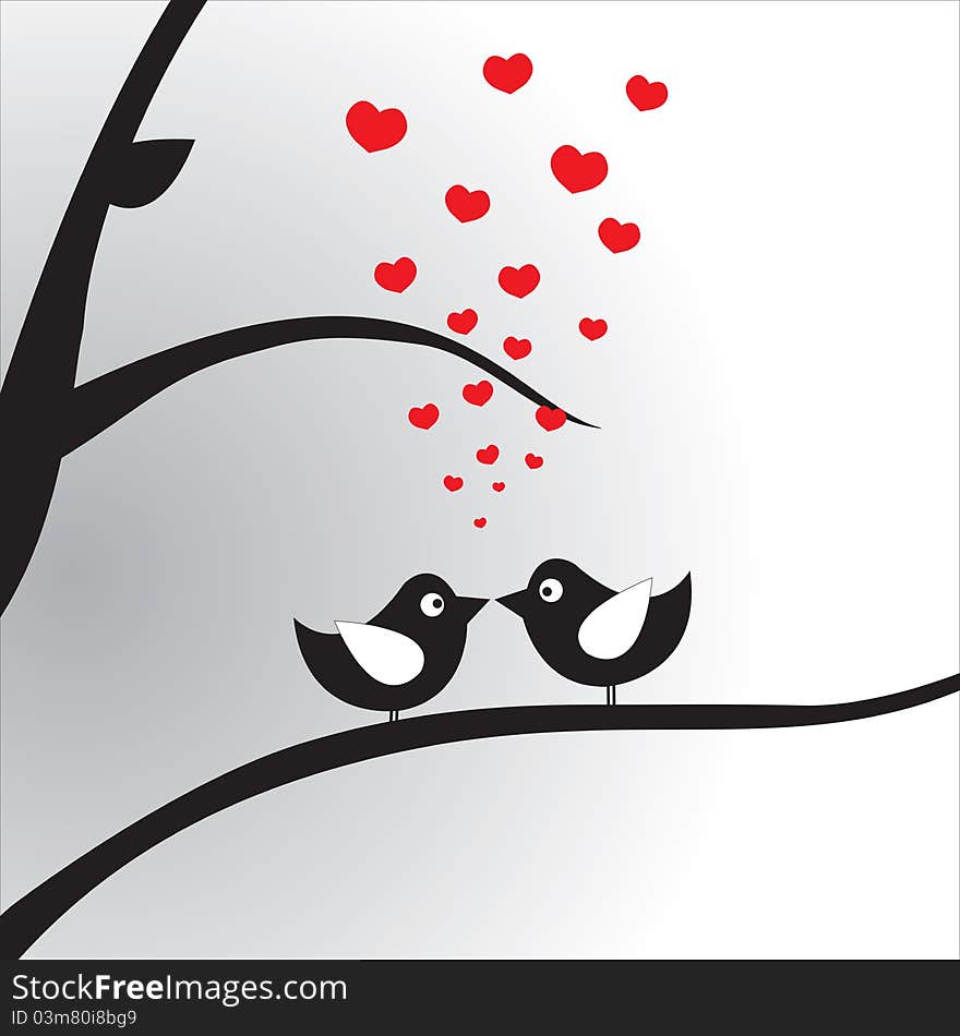 Birds in love on the branch and red hearts. Vector illustration. Birds in love on the branch and red hearts. Vector illustration.