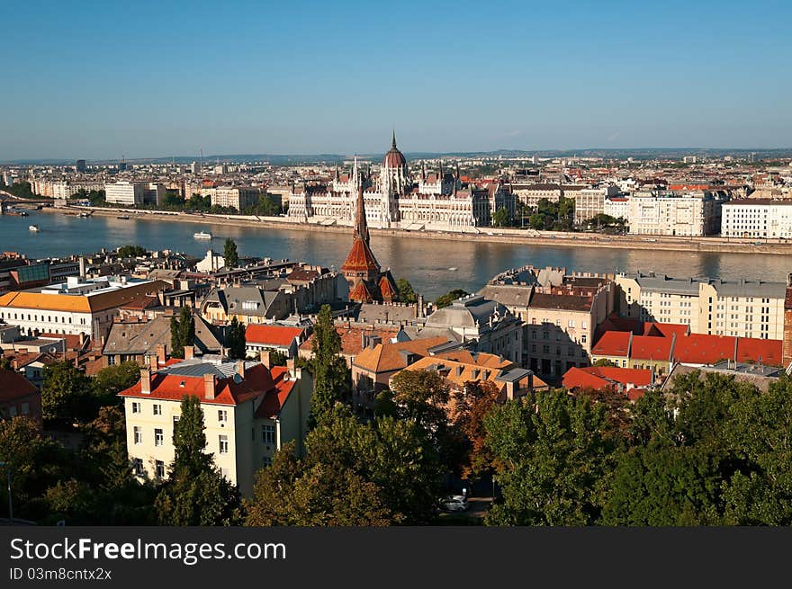 Hungarian Parliament view from Buda Castle Fishermen's Bastion. Hungarian Parliament view from Buda Castle Fishermen's Bastion