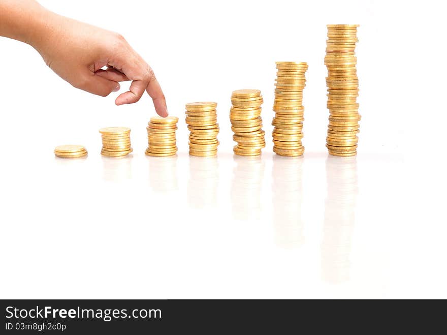 Coins and Hand isolated on the white background