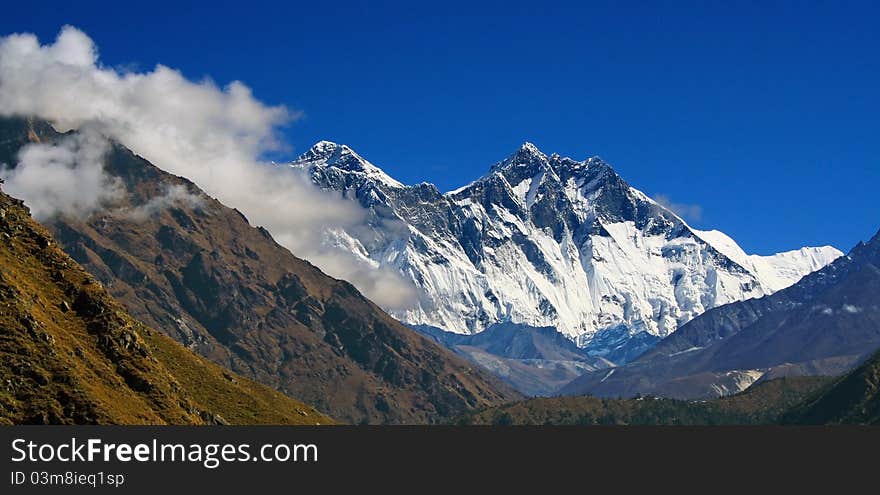 Himalayan mountain landscape, Mt. Everest and Lhotse, Nepal