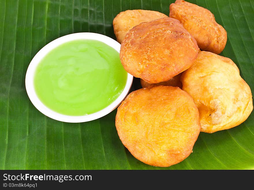 Steamed custard color green and Fried dough food of Thailand. Steamed custard color green and Fried dough food of Thailand