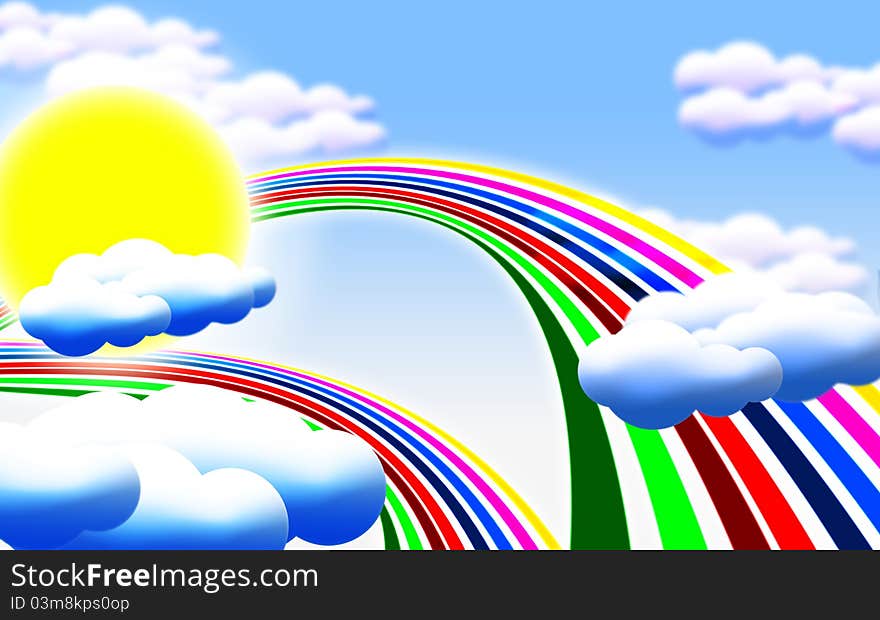 Cartoon picture with sun, clouds and rainbow. Cartoon picture with sun, clouds and rainbow