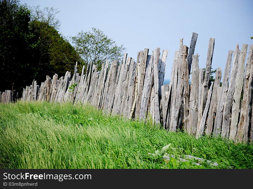 Old wooden fence on green meadow