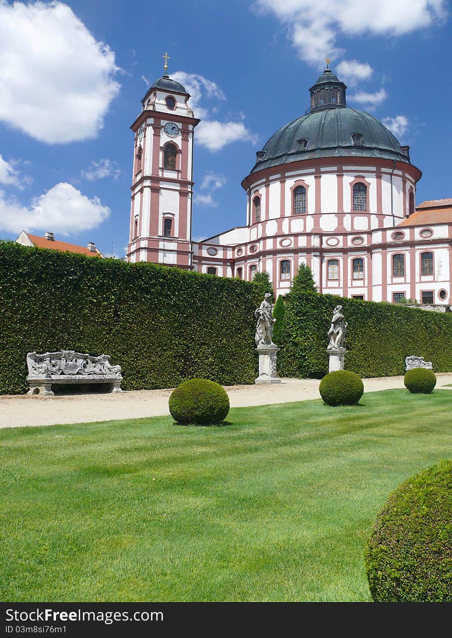 Castle Jaromerice nad Rokytnou in Czech Republic and woman statue