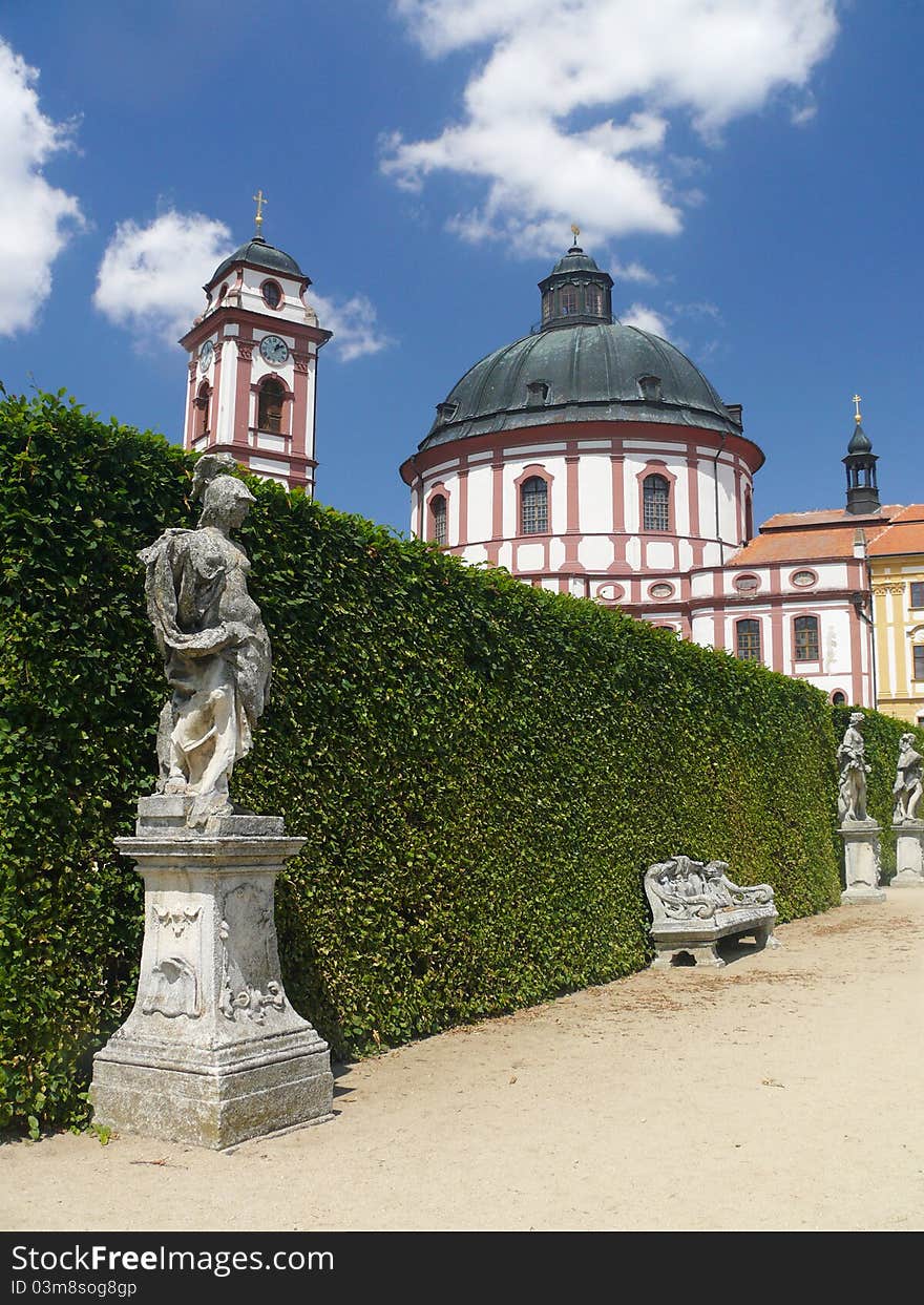 Castle Jaromerice nad Rokytnou in Czech Republic and woman statue