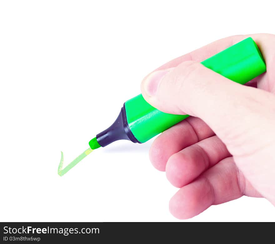 Hand with marker writing isolated on white background