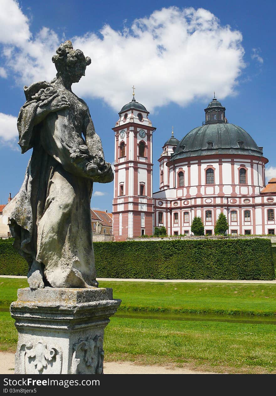 Castle Jaromerice nad Rokytnou in Czech Republic and woman statue