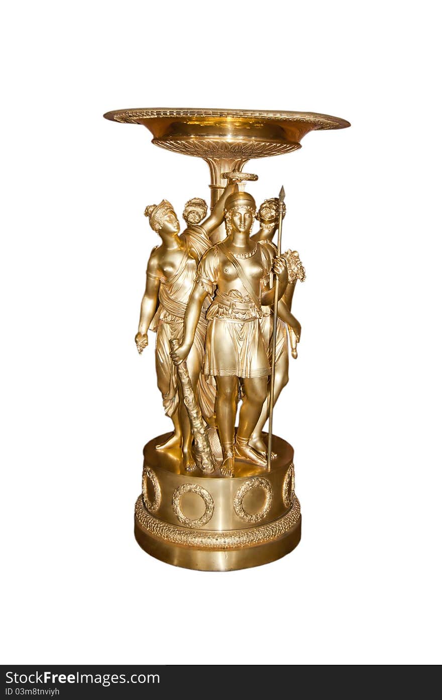 Beautiful golden vase with statues on a white background